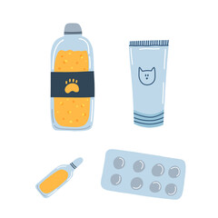 Set of cat accessories as shampoo, cream, blisters with pills, ampoule in cartoon flat style. Vector illustration of pet hygiene items for a kitten, puppy