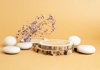 Wooden disks folded in the form of a podium, white stones and a sprig of gypsophila on a beige...