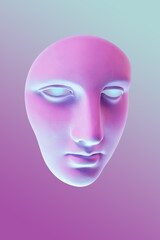 Collage with antique sculpture of mask human face in pop art style. Modern creative concept image with ancient statue head. Zine culture. Contemporary art poster. Funky punk minimalism. Unusual design