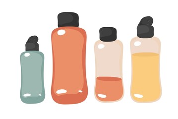 Cosmetics, hygiene and body care - shampoo, balm, shower gel, cream. Transparent and colored plastic bottles with lids. Cozy relaxing spa home. Vector isolated colorful element.