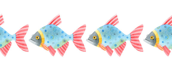 Seamless border of cartoon colored carp. Cute funny fish-carp, crucian carp. Hand-drawn watercolor illustrations isolated on a white background. Design for adhesive tape, cards, invitations, banners.