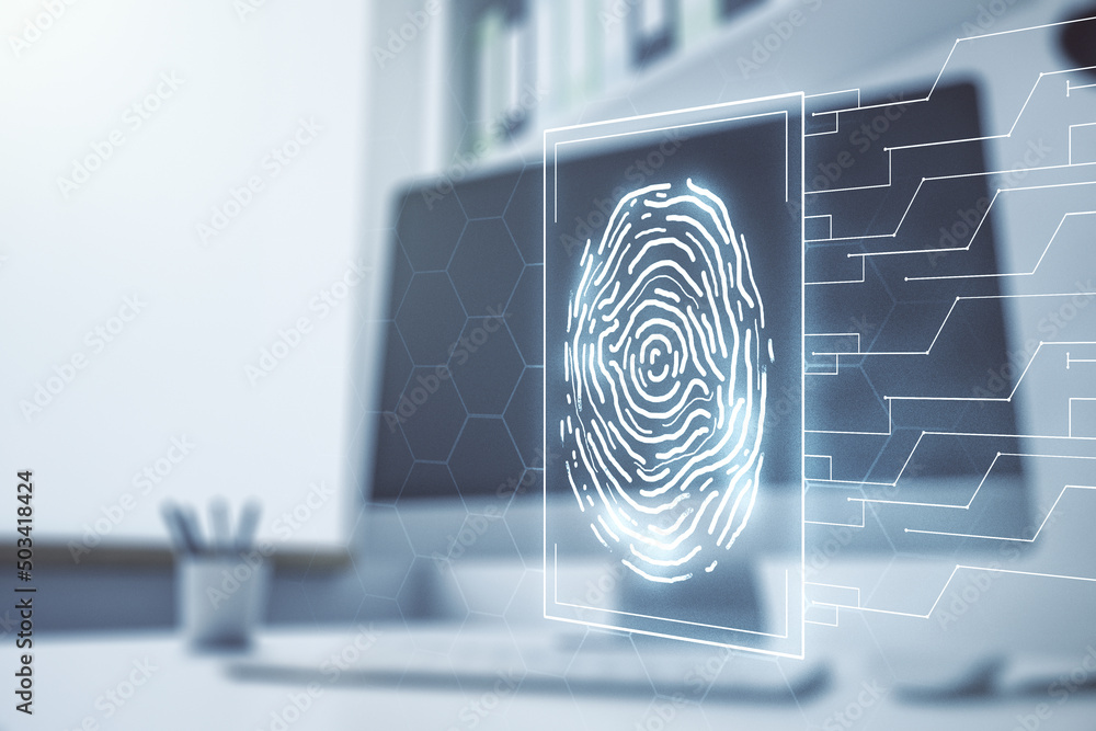 Leinwandbilder multi exposure of abstract creative fingerprint illustration and modern desktop with computer on bac