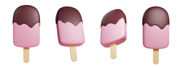 3d set of popsicle. Strawberry ice cream with chocolate topping. 3d illustration.