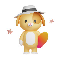 Dog with surfboard. 3d illustration. 3d animal