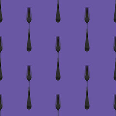 Seamless pattern. Fork top view on fiolet background. Template for applying to surface. Flat lay. 3D image. 3D rendering.