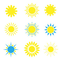 Yellow sun icons set on white background. Simple design collection. For web sites, banners design, logo or weather icon.