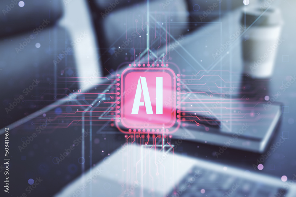 Aufkleber Creative artificial Intelligence symbol concept with modern computer on background. Double exposure
