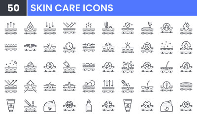 Skin Care vector line icon set. Contains linear outline icons like Acne, Sunscreen, Cream, Healthy Skin, Collagen, Wrinkle, Moisturizing, Cosmetic, Dermatology, Serum. Editable use and stroke.
