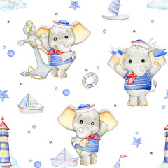 Cute elephants sailors, lighthouse, starfish, boat, sailboat, lifebuoy, watercolor seamless pattern, on an isolated background.