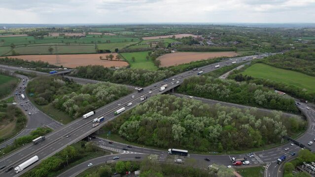 Heavy traffic on M25 A1 Junction drone aerial view