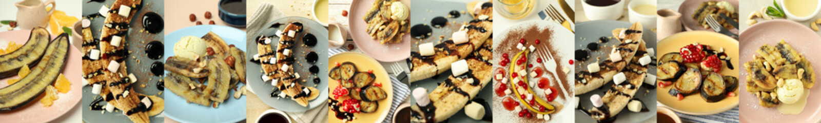 Collage of photos of banana dessert and grilled banana