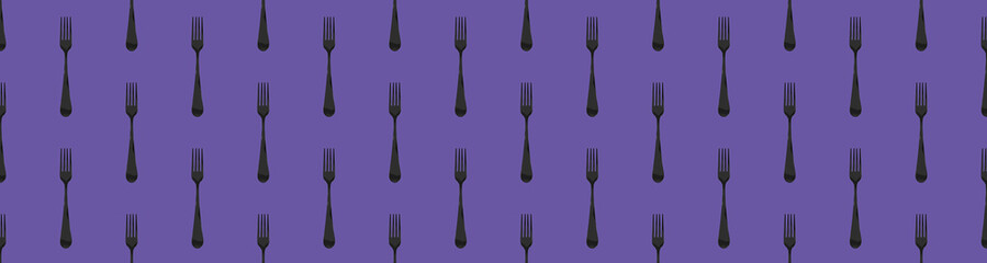 Seamless pattern. Fork top view on fiolet background. Template for applying to surface. Flat lay. Banner for insertion into site. 3D image. 3D rendering.