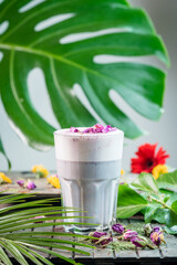 Delicious healthy oriental milkshake with rose flowers