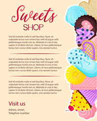 Flyer template for sweet shop on beige background with cute desserts in cartoon flat style.