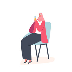 Arabic Woman Wear Traditional Dress Sitting on Chair Holding Glass with Drink Isolated on White Background