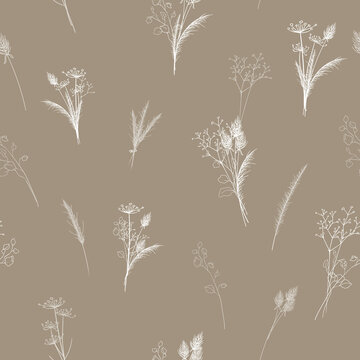 Seamless vector pattern with bouquet of dried herbs, branches and flowers like hogweed and gypsophila. Background perfect for wallpaper, decoration rooms, wrapping paper, fabric.
