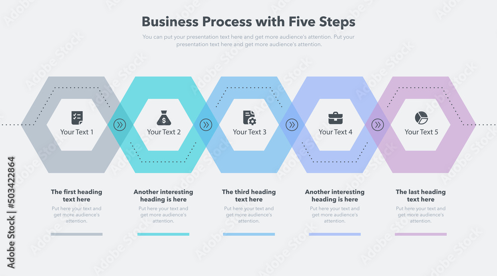 Poster Modern business process template with five colorful steps. Easy to use for your website or presentation.