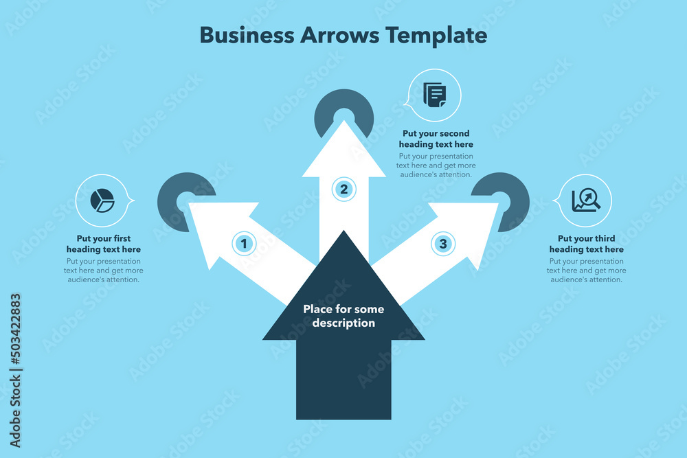 Poster business arrows template with three stages and place for your content - blue version. easy to use fo