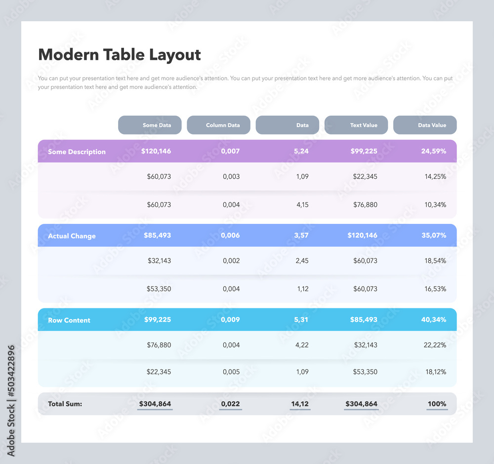 Poster Modern table layout template with a total sum row. Flat design, easy to use for your website or presentation.