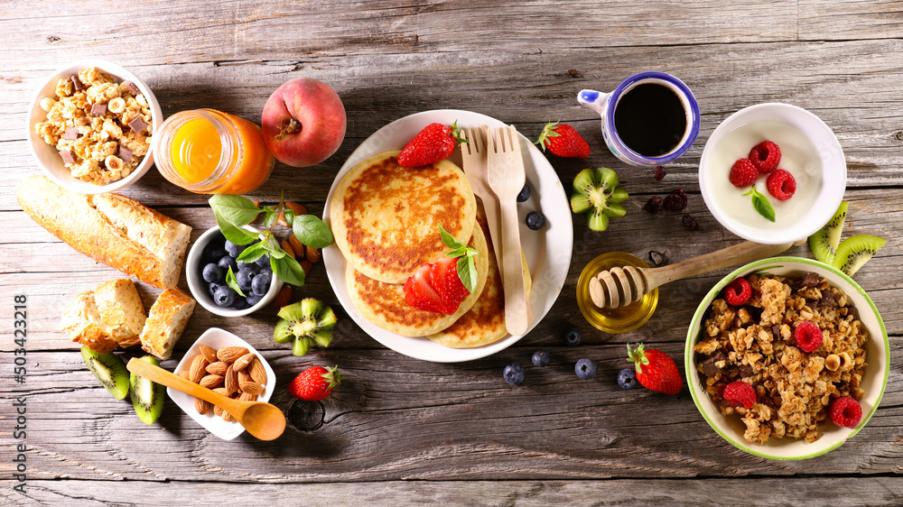 Poster pancake with oatmeal and fresh fruits