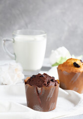 Homemade delicious chocolate muffin and glass of milk.