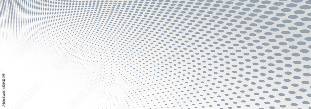 Wall mural Grey dots in 3D perspective vector abstract background, dotted pattern cool design, wave stream of science technology or business blank template for ads.