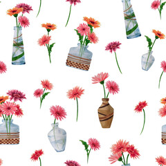 Watercolor seamless pattern with gerberas, vases with gerberas, bouquets isolated on white background. Template use for design florist shop, for decoration botanical book, wallpaper, wrapping paper.