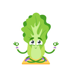 Cartoon Happy Chinese Cabbage Character on Yoga or Fitness Sport. Healthy Food Sit in Meditation Asana, Lotus Pose