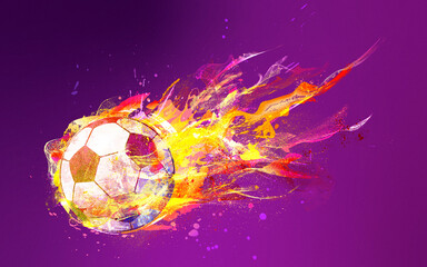 An illustration football on fire, for a game 
of the soccer world cup with purple background