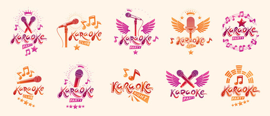 Karaoke party or club logos and emblems vector set isolated, singing music nightlife entertainment weekend theme, microphones and musical notes compositions.