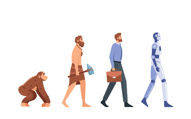 Human Evolution, Mankind Development Concept. Monkey, Caveman, Businessman, Cyborg. Male Character Evolving