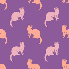 Cute ferrets on purple background, vector seamless pattern
