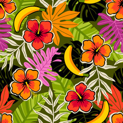 Hand drawn hibiscus, banana and tropical leaf seamless pattern for summer holidays background.