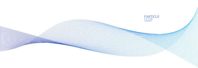 Blue dots in motion vector abstract background, particles array wavy flow, curve lines of points in movement, technology and science illustration.