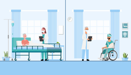 doctor and patients inside a hospital's room on flat style. Vector illustration cartoon character
