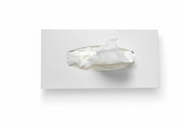 Top view of disposable antibacterial wet wipes in a cardboard box on a white background.