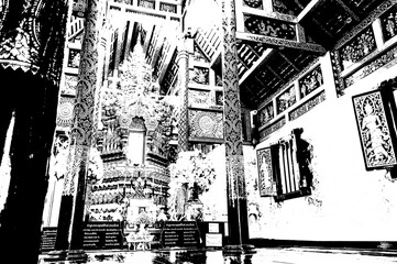 Architectural landscape of ancient temples and ancient art in northern Thailand black and white illustration.