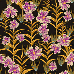 Black seamless background with Cosmos wildflowers and grass. Pattern for printing on the material, advertising booklets. Stylized as a watercolor.