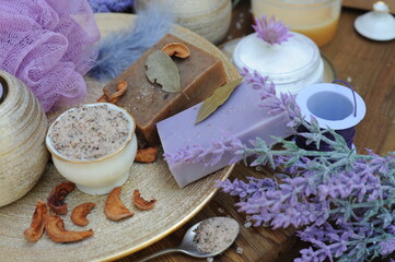 Organic natural soap, aroma salt, spa handmade artisan cosmetics with lavender