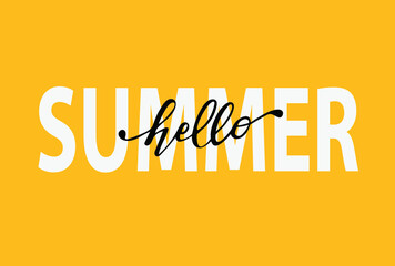 Hello summer. Vector hand lettering. White and black letters on the Daffodil color background. Trendy calligraphy. Stylish design for summer decorating banner  brochure calendar. Sand color.