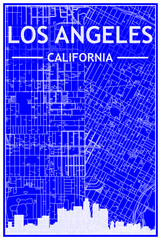 Fototapeta premium Technical drawing printout city poster with panoramic skyline and streets network on blue background of the downtown LOS ANGELES, CALIFORNIA