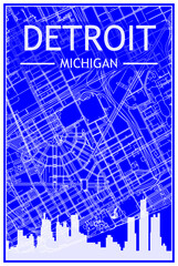 Technical drawing printout city poster with panoramic skyline and streets network on blue background of the downtown DETROIT, MICHIGAN