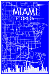 Technical drawing printout city poster with panoramic skyline and streets network on blue background of the downtown MIAMI, FLORIDA
