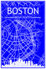 Technical drawing printout city poster with panoramic skyline and streets network on blue background of the downtown BOSTON, MASSACHUSETTS