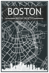 Dark printout city poster with panoramic skyline and streets network on dark gray background of the downtown BOSTON, MASSACHUSETTS