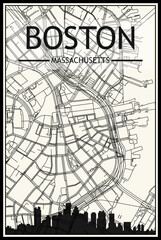 Light printout city poster with panoramic skyline and streets network on vintage beige background of the downtown BOSTON, MASSACHUSETTS