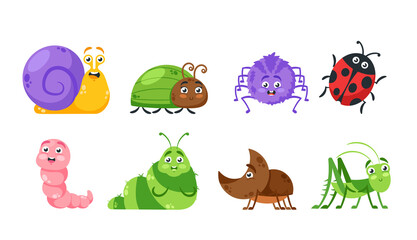 Set Cute Insects Cartoon Characters. Snail, Spider, Bug, Ladybug and Soil Worm. Caterpillar, Rhinoceros Beetle, Grasshop