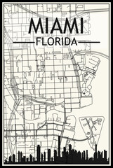 Light printout city poster with panoramic skyline and streets network on vintage beige background of the downtown MIAMI, FLORIDA