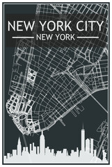 Fototapeta premium Dark printout city poster with panoramic skyline and streets network on dark gray background of the downtown NEW YORK CITY, NEW YORK