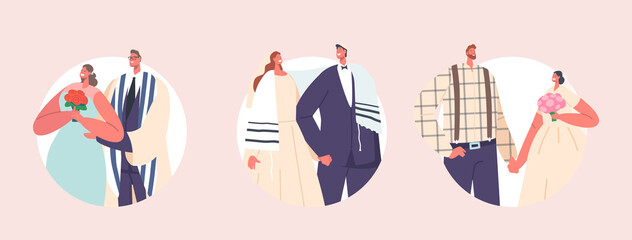 Set Jewish Couples Wedding Ceremony Round Icons, Modern Jew Groom and Bride Characters Wear Festive Clothes, Newlyweds